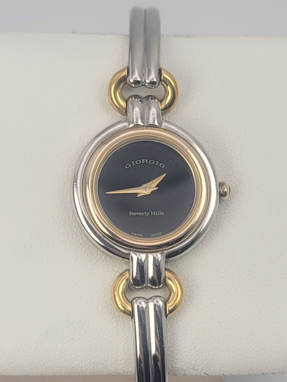 Vintage Giorgio Beverly Hills Swiss Made Two Tone Bangle Watch Black Dial 930662